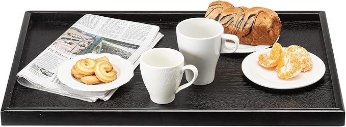 24 x 16 Inches Extra Large Solid Wood Serving Tray for Tea Coffee Table Snack Food Meals Serving Plate Kitchen Party Bar Breakfast Server with Raised Edges Black Wooden Decorative Ottoman Tray