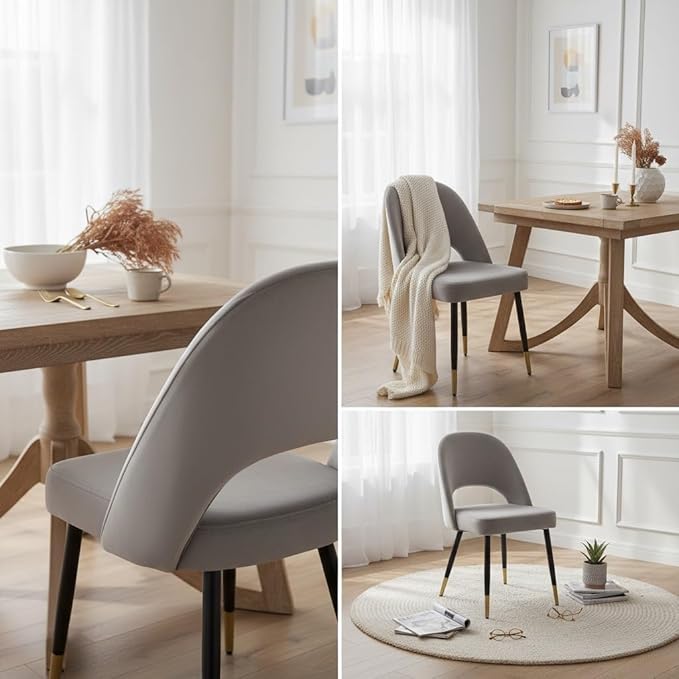 LukeAlon Classic Velvet Dining Chairs Set of 4, Upholstered Open Back Kitchen Chairs with Metal Legs Armless Side Chairs Mid Century Dining Chair for Dining Room, Grey