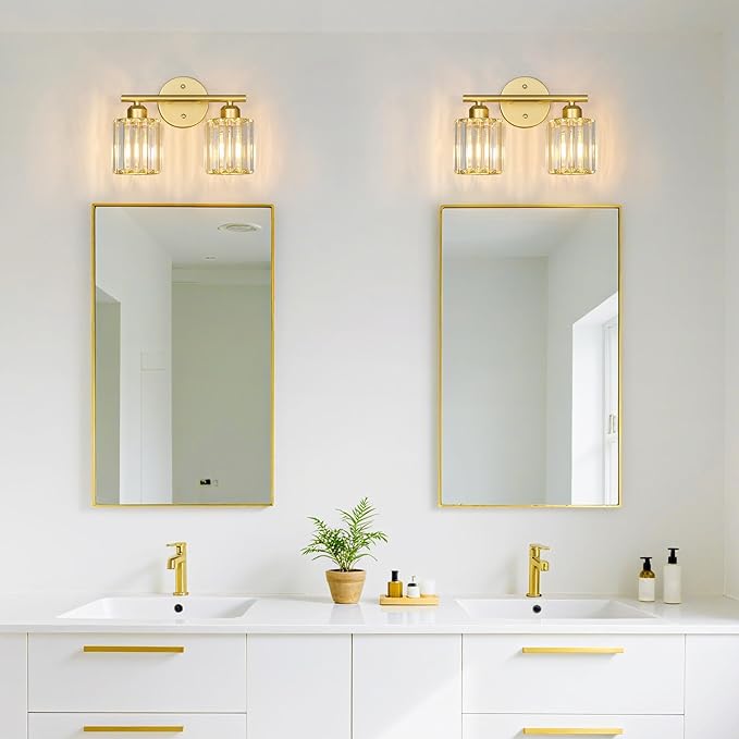 Modern 2 Light Crystal Vanity Light, Gold Vertical Bathroom Light Fixture Over Mirror for Dressing Table Sink, Compatible with Dimmable Bulbs (Bulbs Not Included)