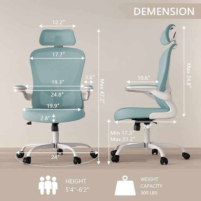 Office Chair, High Back Ergonomic Desk Chair, Breathable Mesh Desk Chair with Adjustable Lumbar Support and Headrest, Swivel Task Chair with flip-up Armrests, Executive Chair for Home Office
