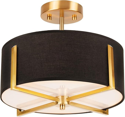 3-Light Semi Flush Mount Ceiling Light Fixture, 13.7" Gold Drum Light with Black Fabric Shade, Modern Close to Ceiling Lamp for Living Room Bedroom Dining Room Kitchen Hallway Entry Foyer