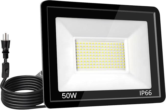 50W LED Flood Light Outdoor 6500K Daylight White,12000LM Super Brighter LED Work Light,IP66 Waterproof Security Light with Switch and Plug for Garage, Garden, Yard, Stadium