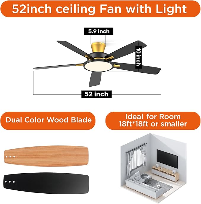 TALOYA 52 inch Ceiling Fans with Lights and Remote,Ultra Silent low profile Ceiling Fan with Three Color Temperature and Dimmable Light with Reversible Blades Black Gold
