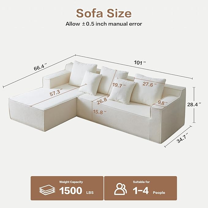 Boneless Couch, Memory Foam Couch in a Box, 101" Modular Sectional Couches Velvet Fabric, Modern Sofa with Deep Seat, Compressed Sofa for Living Room, Bedroom