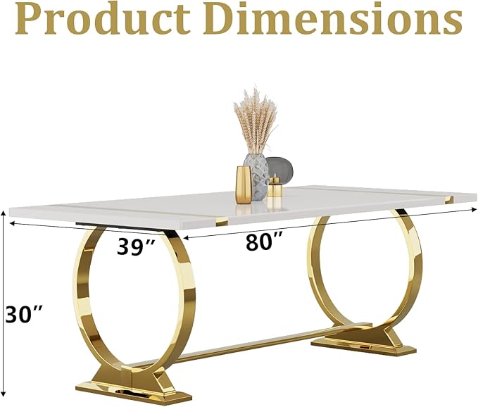 ACEDÉCOR 80in White and Gold Dining Table for 6-8, Modern Luxury Kitchen Room Table with Rectangular Lacquer Top and Gold Stainless Steel Circle Base