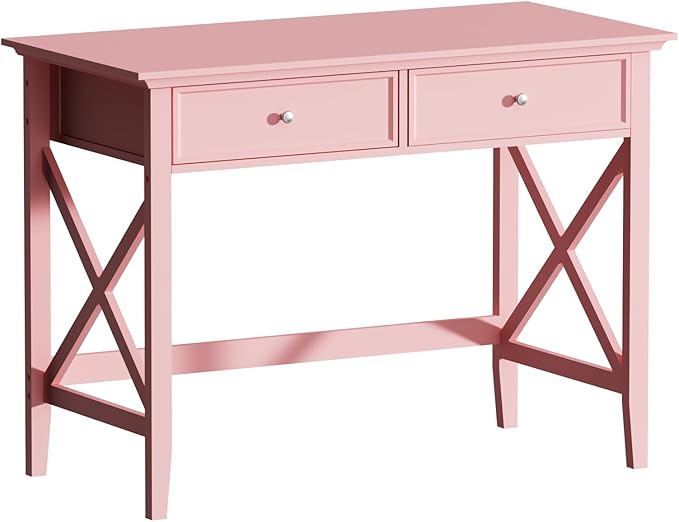 Writing Computer Desk with Drawers, Cute Modern Table for Bedrooms, Pink Vanity Table Office Desk with Drawers, Home Computer Desk for Girls Living Room Entryway, Pink