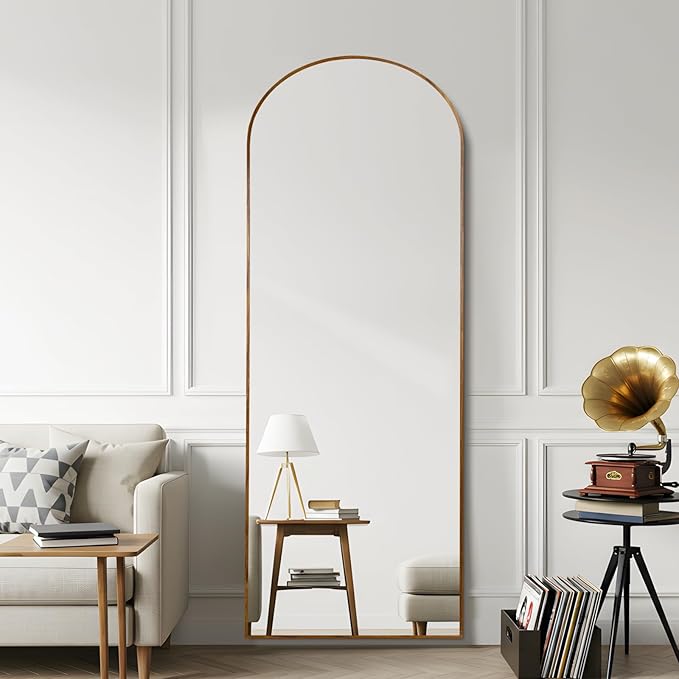 Arched 26x71 Inch Full Length Mirrors Aluminium Frame in Classic Yellowish Brown Wood Looking Free Standing Floor Mirror Full Body Wall Mounted for Bedroom Living Room and Hallway