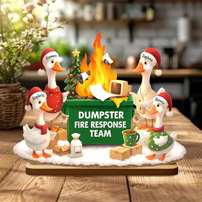 Funny Goose Dumpster Fire Response Team Wooden Plaque 2025, Personalized Flaming Dumpster Sign, Custom Name Group Plaque, Humorous Holiday Gift for Coworkers