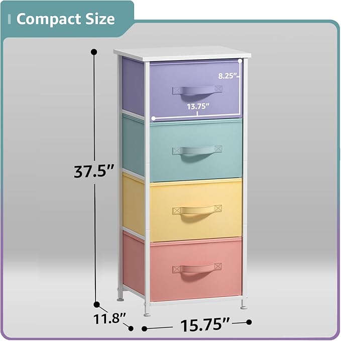 Sorbus Nightstand with 4 Drawers - Bedside Furniture & Accent End Table Chest for Home, Bedroom, Office, College Dorm, Steel Frame, Wood Top, Easy Pull Fabric Bins (4-Drawer, Pastel/White)