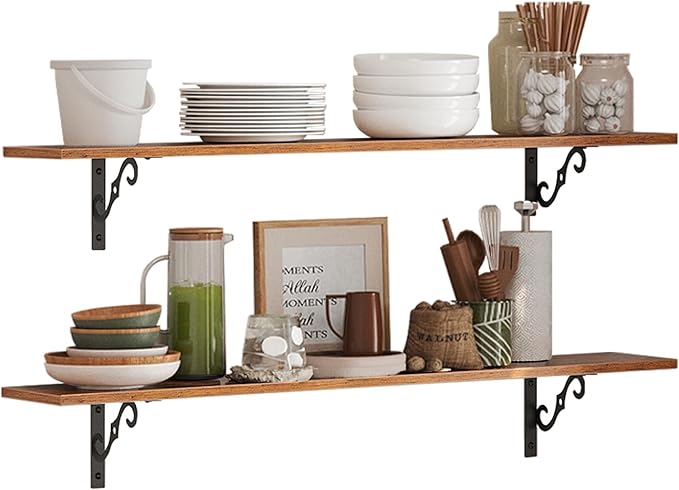 DINZI LVJ Long Wall Shelves, 23.6 Inch Large Floating Shelves Set of 2, Wide Display Shelf Wall Mounted with Brackets, Easy Hanging for Living Room, Toilet, Office, Bedroom, Rustic Brown