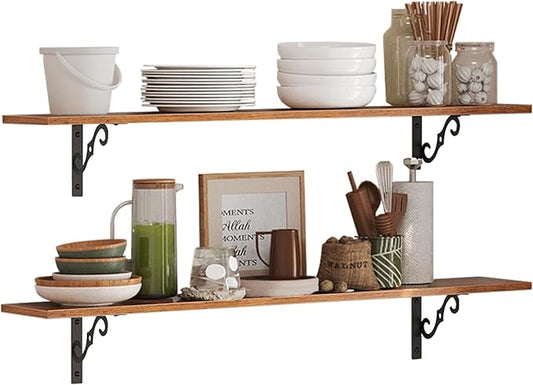 DINZI LVJ Long Wall Shelves, 23.6 Inch Large Floating Shelves Set of 2, Wide Display Shelf Wall Mounted with Brackets, Easy Hanging for Living Room, Toilet, Office, Bedroom, Rustic Brown