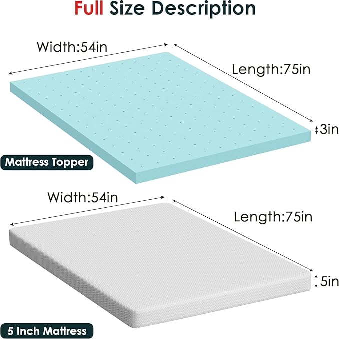 FDW | 5" Full Mattress + 3" Cooling Mattress Topper | Gel Memory Foam | Medium Firm Feel | White | with Washable Cover for Cool Sleep and Pressure Relief | Bed in a Box, CertiPUR-US Certified
