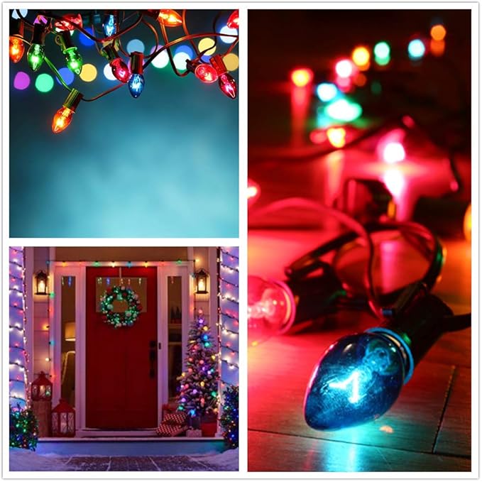 SUNSGNE 25Ft Multicolor Christmas Lights, C7 Incandescent Christmas Light with 27 Clear Vintage Outdoor Colorful Lights (2 Spare) for Holiday Prom Party Wedding Decor, Green Wire