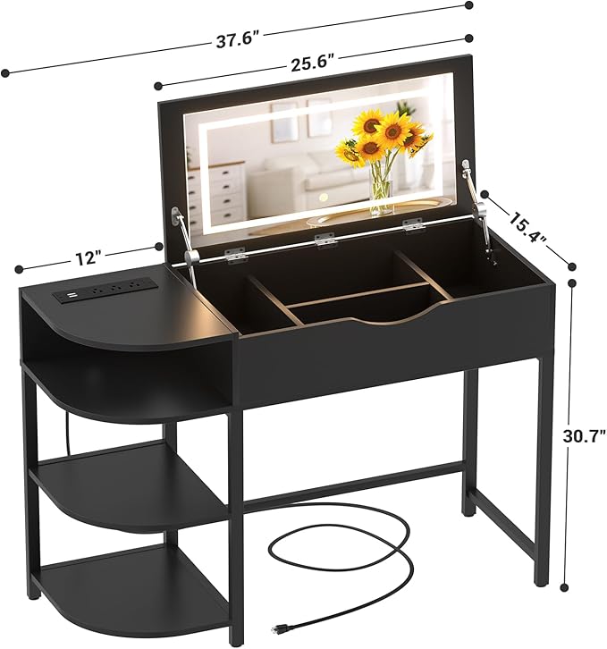 Cyclysio Vanity Desk with Flip Top Mirror and Lights, Makeup Vanity Desk with Drawers, Dressing Table with Storage Shelves & Charging Station, Small Vanity for Small Spaces, Black