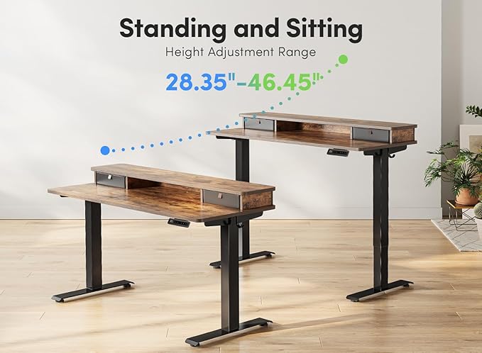 FEZIBO 40 x 24 Inch Height Adjustable Electric Standing Desk with Double Drawer, Computer Desk, Home Office Stand Up Table with 4 Height-Adjustable Feets & 2 Hooks, Rustic Brown