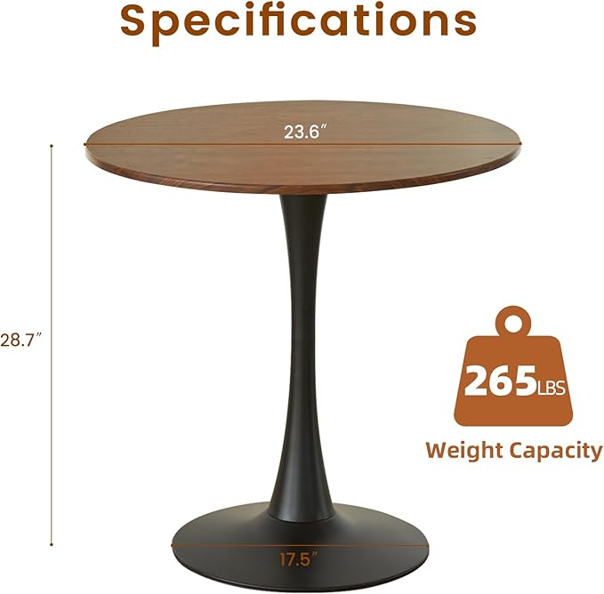 Round Dining Tulip Table for 2, Mid-Century Modern Table with Sturdy Metal Pedestal for Kitchen, Bistro, Cafe, Leisure (Faux Walnut, 24 INCH)