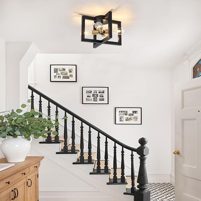 Modern Black and Brushed Gold Semi Flush Mount Ceiling Light, 4-Light Industrial Geometric Light Fixture, Ceiling Lights for Hallway Entryway Laundry Kitchen Dining Room Bedroom Lighting, UL Listed