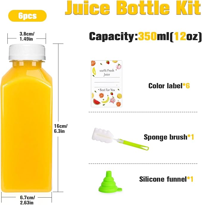 Plastic Juice Bottles, Reusable Juice Containers with White Tamper Proof Lids, Brush, Funnel and Labels, Clear Juice Containers for Juicing, Smoothie and Homemade Beverages (6PCS 12oz)