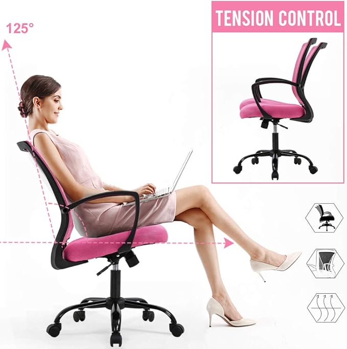 Office Chair Desk Chair Computer Chair with Lumbar Support Armrest Mid Back Rolling Swivel Task Adjustable Mesh Ergonomic Chair for Women Adults, Pink