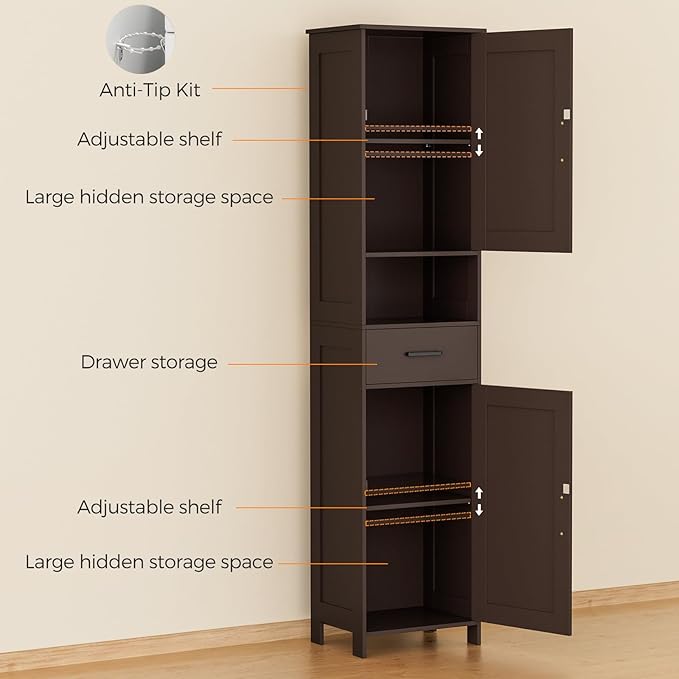 Homhedy 67" H Tall Bathroom Storage Cabinet with 2 Barn Doors and 1 Drawer, Narrow Storage Unit, Adjustable Shelves, Floor Cabinet for Bathroom, Living Room, Entryway, Kitchen, Brown, (15.7" W)