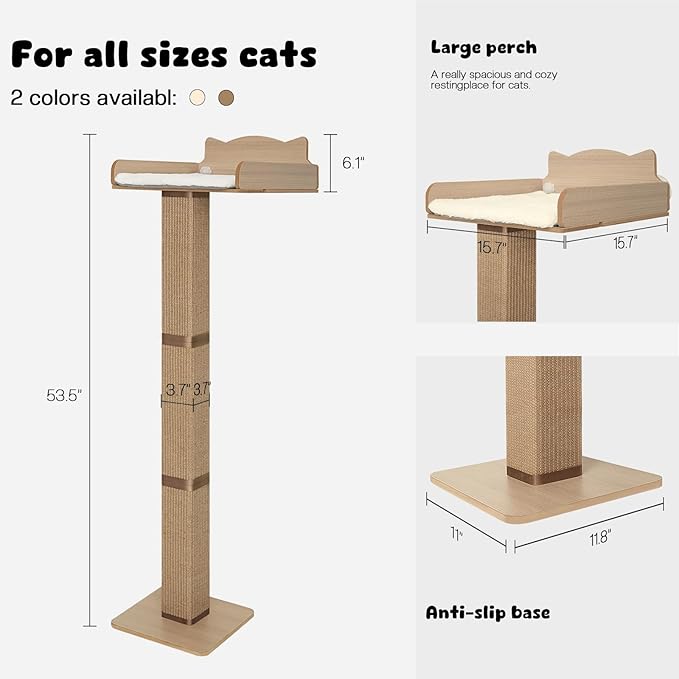 Cat Window Perch with Thick Sisal Scratching Post, Cat Hammock for Window, 53.5" Adjustable Tall Cats Scratching Post with 2 Upgrade Suction Cups, Cats Window Bed with Fuffy Cushion, Jute