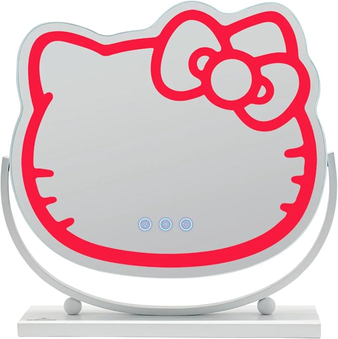 Impressions Vanity Hello Kitty Kawaii Desk Mirror with Lights and Adjustable Tilt, Multi Color Changing LED Strip Lighted Makeup Mirror with Touch Sensor Dimmer Switch for Desk