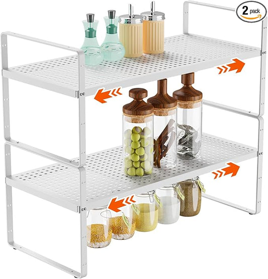 2Pack 16.5-27’’L Expandable Stackable Cabinet Shelves, Adjustable Spice Rack Cabinet Shelf Organizer for Kitchen, Countertop, Pantry and Cupboard, White
