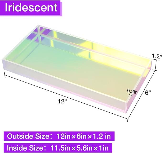 Acrylic Tray Iridescent 5mm Thicken 12x6'' - Vanity Makeup, Perfume, Jewelry Holder, Napkin, 12x6'' Decorative Serving Tray for Bathroom, Toilet Tank, Sink Countertop, Living Room,Dresser,Wedding