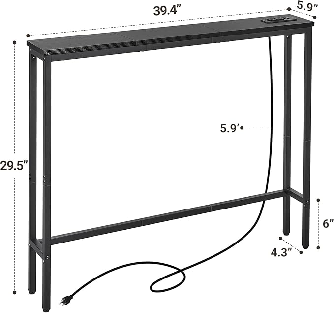 ELYKEN 5.9" Narrow Console Sofa Table with Power Outlets, Total 39.4” Long Behind Couch Table with Charge Station and 5.9’ Extension Cord for Living Room, 5.9" D x 39.4”W x 29.5”H, Black
