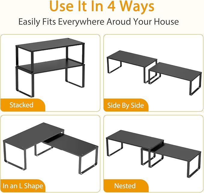 15.75" Long Stackable Expandable Metal Shelf Organizer For Kitchen Cabinet Counter Storage, Set of 2 Small Metal Storage Shelves Spice Rack For Kitchen Cupboard Countertop,Sturdy, 30LBS Heavy Duty