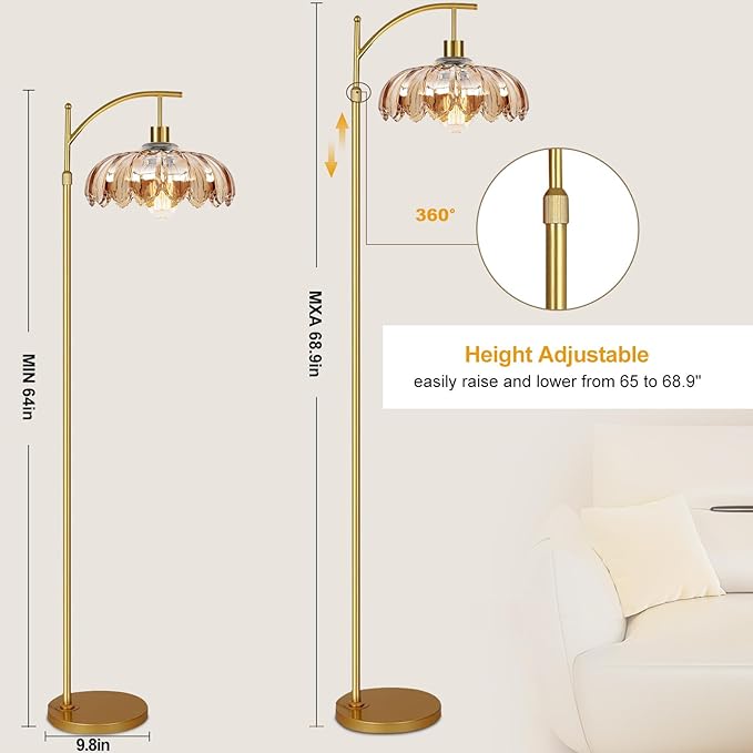 Gold Arc Floor Lamp for Living Room with Remote,Dimmable Modern Floor Lamps with Amber Glass Shade,Unique Vintage Flower Standing Tall Lamp,Mid Century Floor Lamps for Bedroom Office Corner