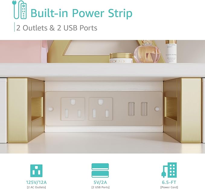 Small Makeup Vanity Desk with Lights, 31 inch Girls Vanity Set with Mirror and Chair, Make Up Dresser Table with Drawers and Power Outlet for Bedroom Small Space, White and Gold