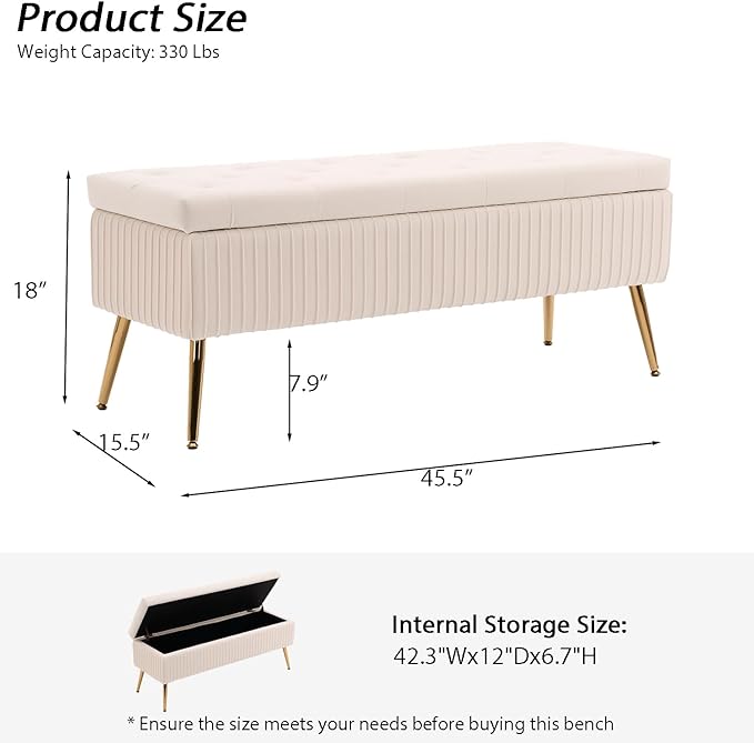 Velvet Storage Bench for Bedroom, Rectangle Upholstered End of Bed Bench Modern Tufted Ottoman with Gold Legs for Living Room/Window/Entryway (Ivory-45.5" W)