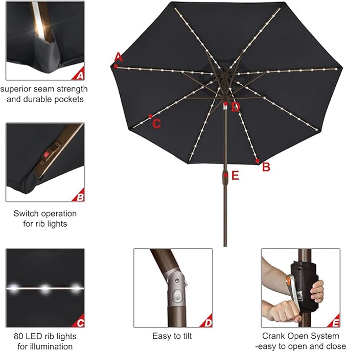 EliteShade USA 10-Year-Non-Fading Solar 9ft Market Umbrella with 80 LED Lights Patio Umbrellas Outdoor Table Umbrella with Ventilation, Black