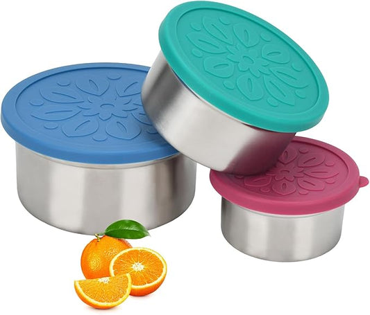 304 Stainless Steel Snack Containers, 3pcs Food Storage Containers with Leakproof Silicone Lids Lunch Box Dressing Containers for Condiments Dishwasher & Freezer Safe