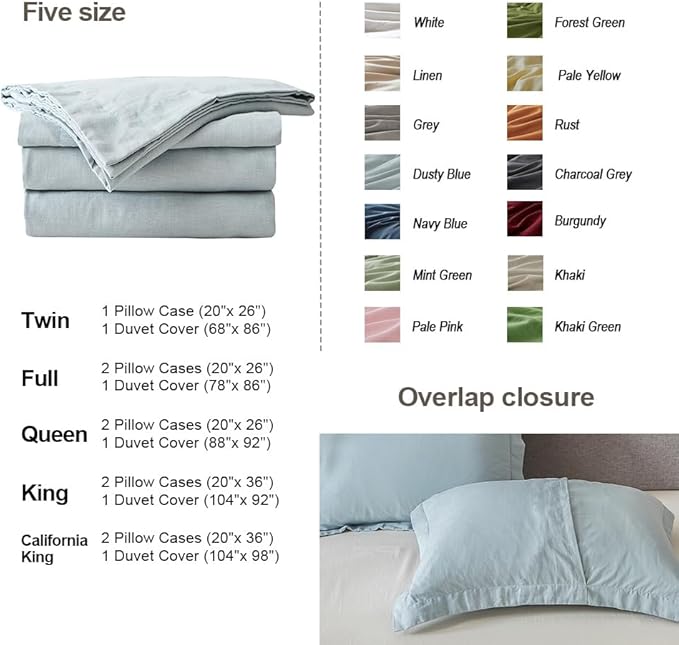 Simple&Opulence French Linen Duvet Cover Set 68" x 86"- 2 Pieces (1 Comforter Cover,1 Pillowcase)- Natural Flax Cotton Blend-Solid Color Breathable Farmhouse Bedding-Dusty Blue, Twin