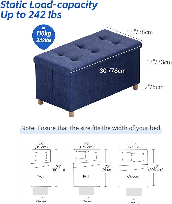 BRIAN & DANY 30 Inches Folding Storage Ottoman Bench, Ottoman with Storage Bench for Bedroom, Living Room, Entryway, Foot Rest with Legs, Blue