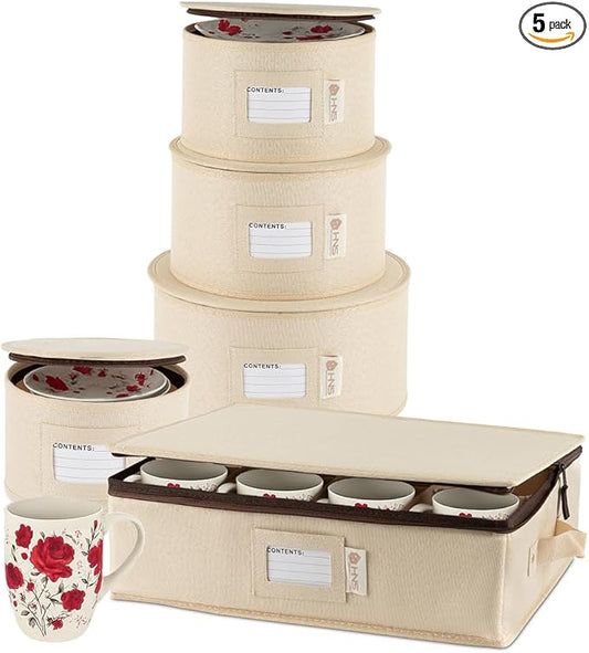 Hard Shell China Storage Containers 5-Piece Set Moving Boxes for Dinnerware, Glasses, Plates, Mugs and Saucers Sturdy Dish Organizer with Dividers for Seasonal Storage - Service for 12 - Beige