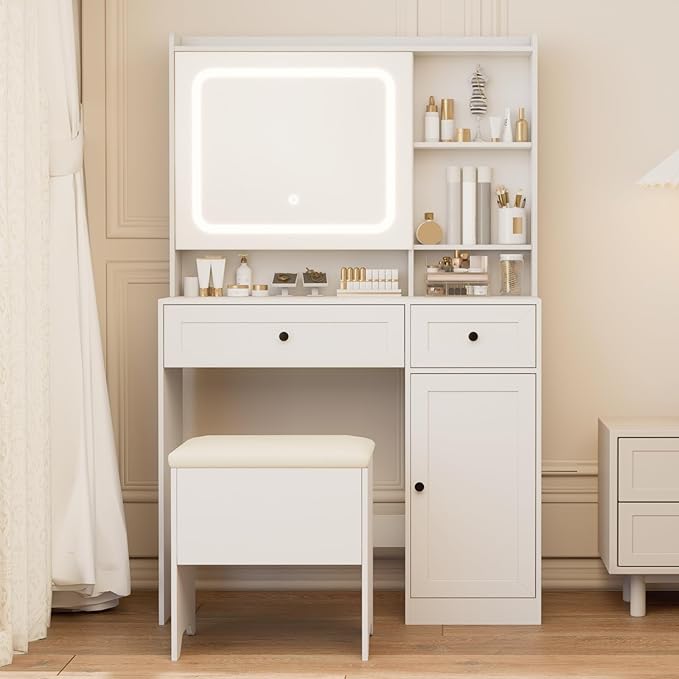 Vanity Table with Hidden Storage & LED Mirror - Includes Padded Stool, 5 Compartments, 2 Drawers & 1 Storage Cabinet - Ideal Bedroom Makeup Dressing Table White