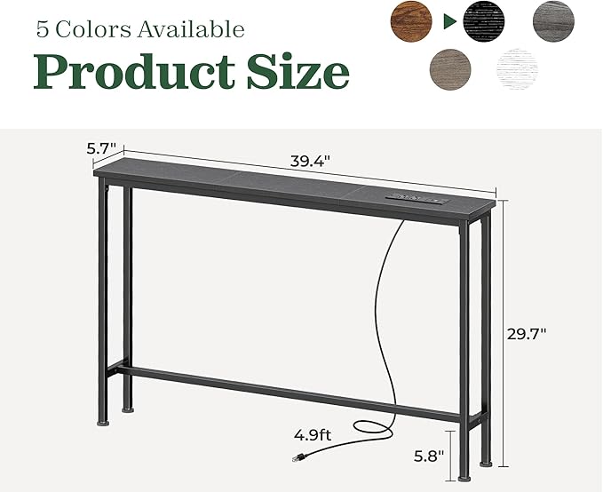 SUPERJARE 5.7 Inch Console Table with Outlet, Sofa Table, Behind Couch Table, 5.7 x 39.4 x 29.7 Inches, Metal Frame, Charging Station, for Living Room, Black