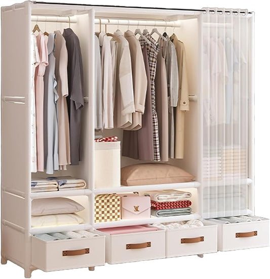 Portable Closet,Portable Closets for Hanging Clothes,Japanese Style Garment Rack Clothing Rack with 4 Drawers,3 Hanging Rods and 6 Storage Shelves,56.2" L x 17.7" W x 65.1" H,White