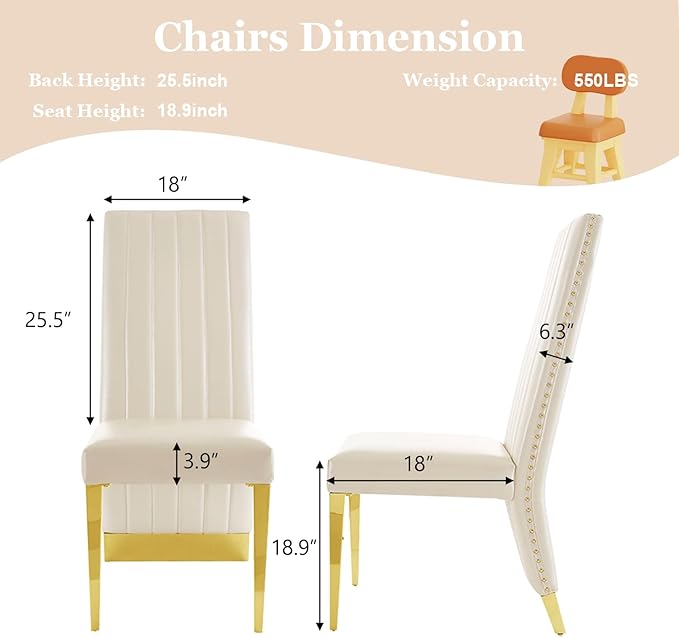 Dining Chairs, White Faux Leather Upholstered Dining Chair with Nailhead Trims, Gold Dining Room Chairs Set of 6