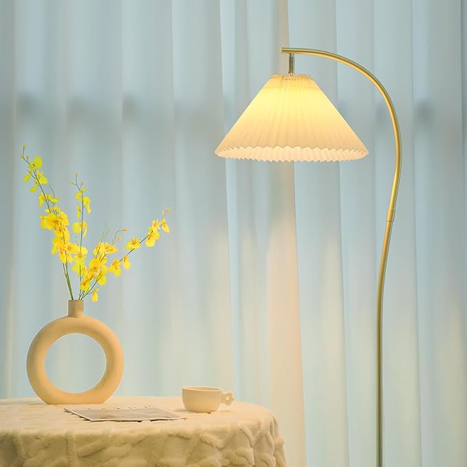 Unique Arc Floor Lamp, Bright 12W Three-Color Dimming, 14-inch Pleated Lampshade, Brass Gold Light Pole, Living Room Corner Bedroom Bedside Office Standing Reading Lamp, Modern Home Decor Tall Light
