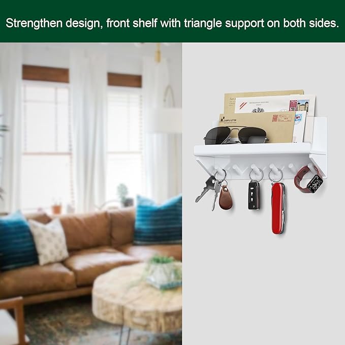 Decorative Acrylic Key Holder - Wall Mount Key Hooks with Shelf, Entryway Key Rack, Mail Organizer, Living Room Decor (White)