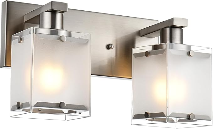 2-Lights Wall Sconce Lighting, Brushed Nickel Bathroom Vanity Light Fixture with Rectangular Frosted Glass for Over Mirror, E26 Bulb Base
