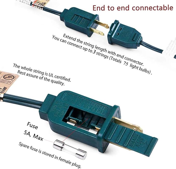 Couah C7 Christmas String Lights-25Ft Vintage Clear Lights with 27 Clear Incandescent Bulbs (2 Spare), Outdoor String Lights for Christmas Party Backyard Wedding - Green Wire