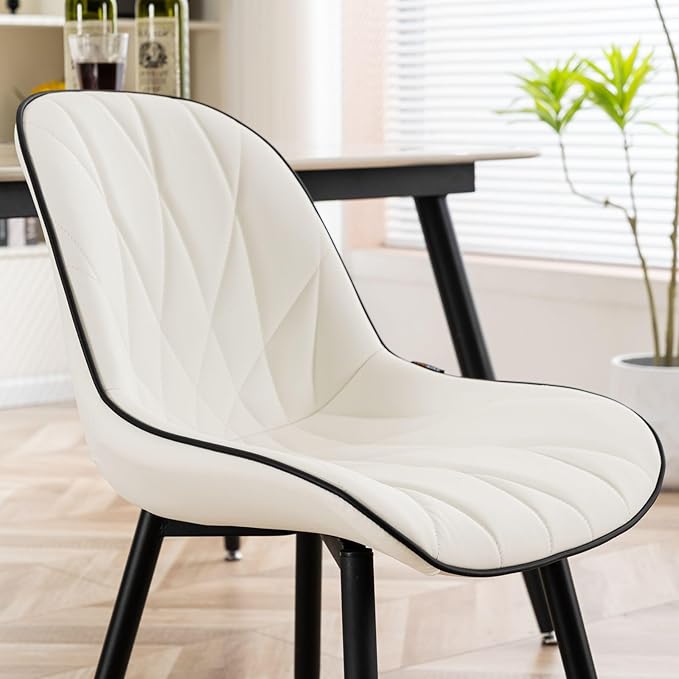 Rowill Modern Dining Chairs Set of 2 - White Faux Leather Upholstered Kitchen Chairs with Soft Cushion Backrest, Sturdy Metal Legs & Non-Slip Pads, Suitable for Home Dining Room, Kitchen