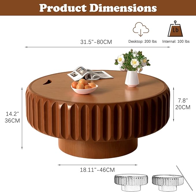 Round Coffee Table with Storage for Living Room, Handcraft Fluted Drum Coffee Table Modern Circle Wooden Coffee Table Cocktail Table for Home Office Apartment (Brown 31.5")