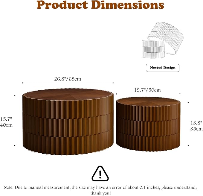 26.8" Round Coffee Table Set of 2 Wooden Nesting Coffee Tables Modern Circle Coffee Table Industrial Side Table Farmhouse Nesting Tables for Living Room Bedroom, Office (Walnut 26.8"+19.7")