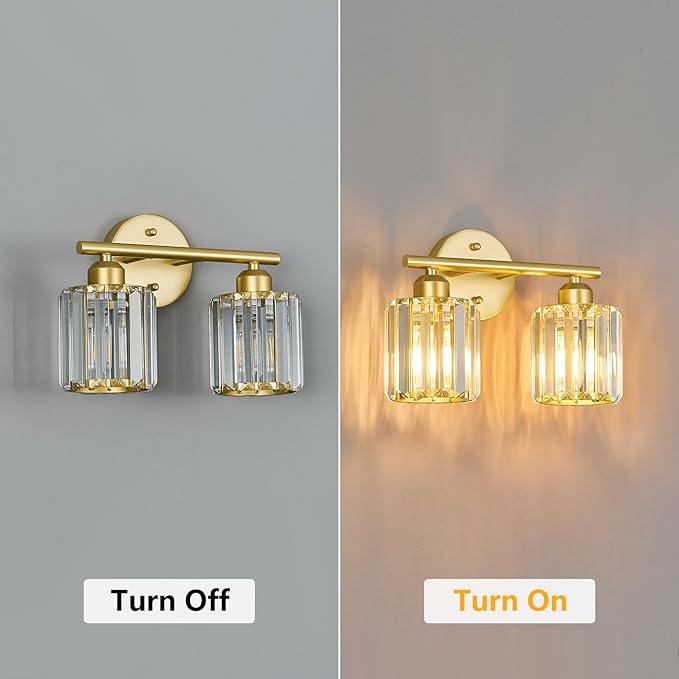 Modern 2 Light Crystal Vanity Light, Gold Vertical Bathroom Light Fixture Over Mirror for Dressing Table Sink, Compatible with Dimmable Bulbs (Bulbs Not Included)
